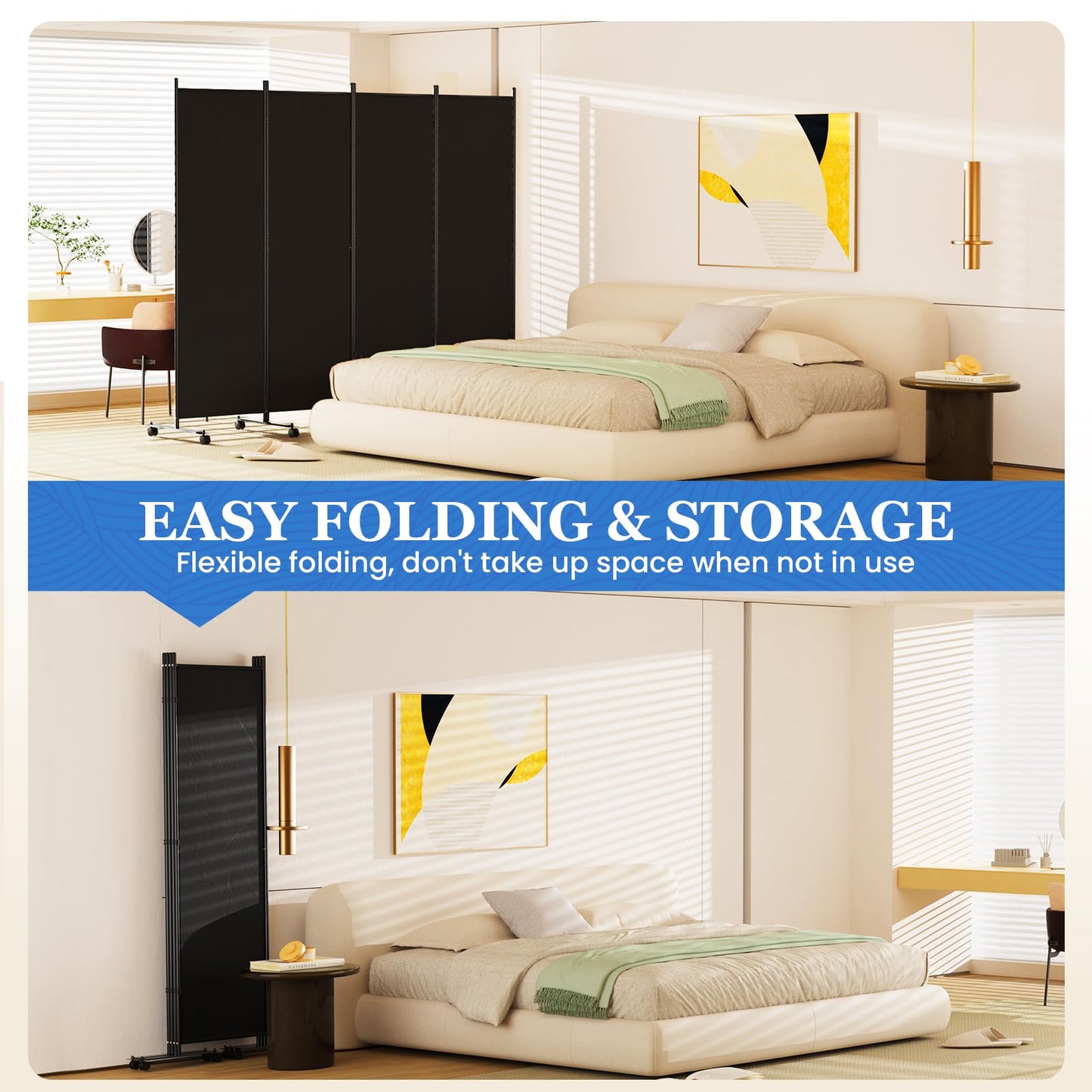 8 Panel Room Divider 183CM Folding Privacy Screens with Lockable Wheels
