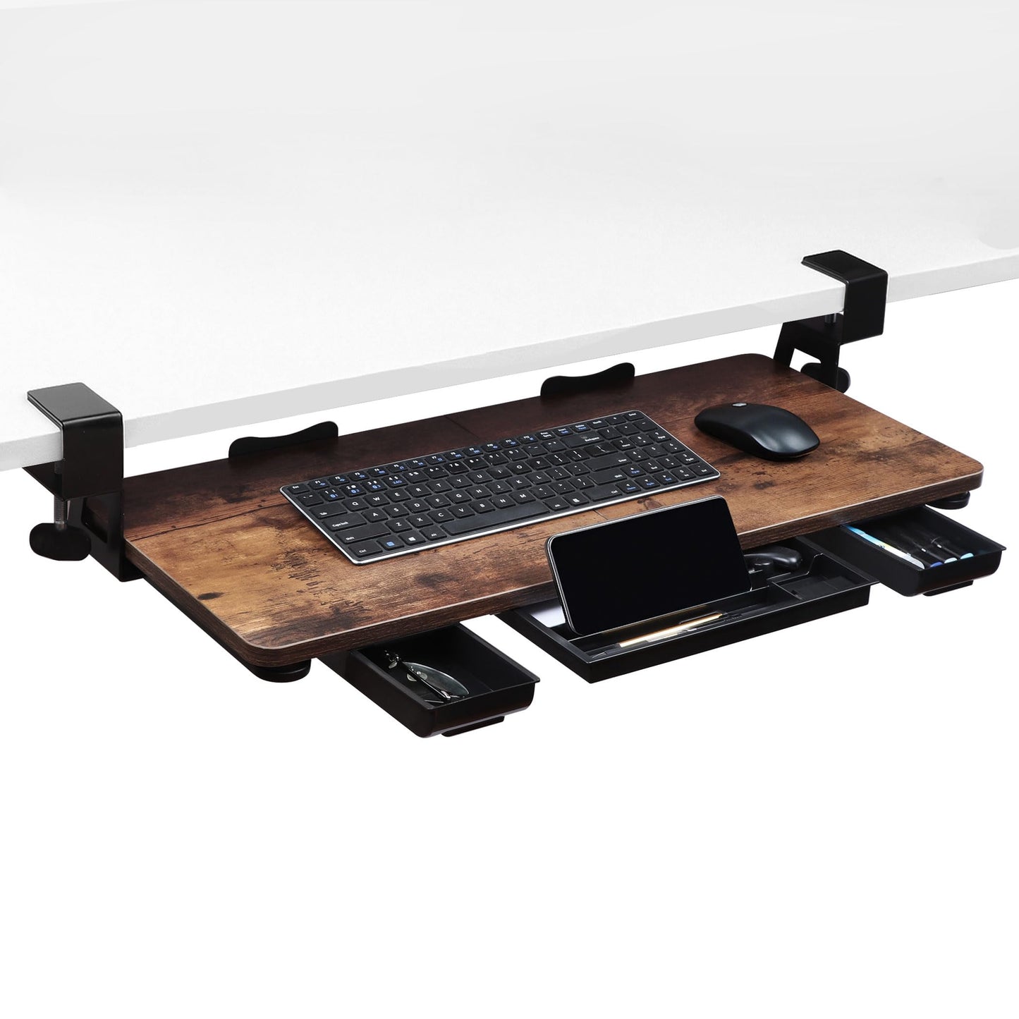 Large 26.77" Keyboard Tray Under Desk with Storage Drawer - Heavy Duty C-Clamp Mount, Ergonomic Computer Keyboard Stand for Home Office, Easy Install