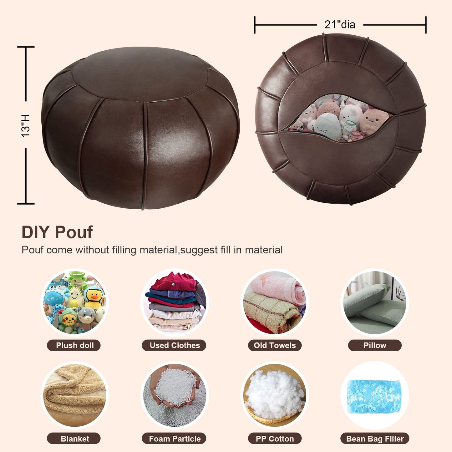 Louis Donné Premium Artisanal Leather Pouffe, Handmade Unstuffed Ottoman Pouf Cover, Footstool