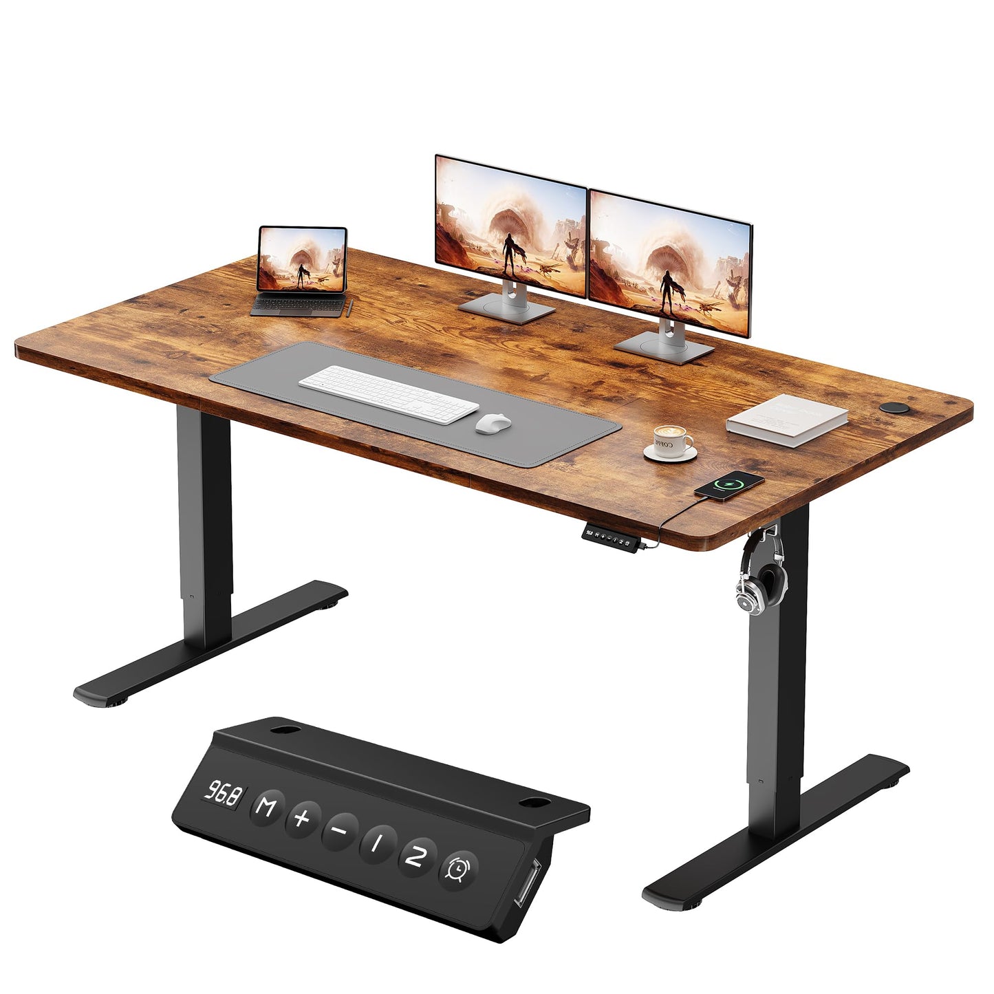 JUMMICO Electric Standing Desk 160x60cm – Height Adjustable with USB Charging, Sedentary Reminder, Memory Heights for Home Office Use, Rustic Brown