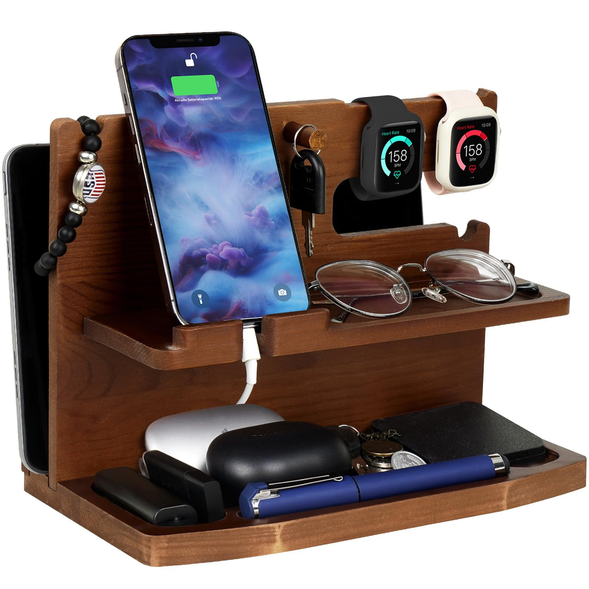 AliveByte Wooden Phone Docking Station for Men - Bedside Table Organiser - Brown Wood - Compatible with All Mobile Phones - Desk Accessories for Men