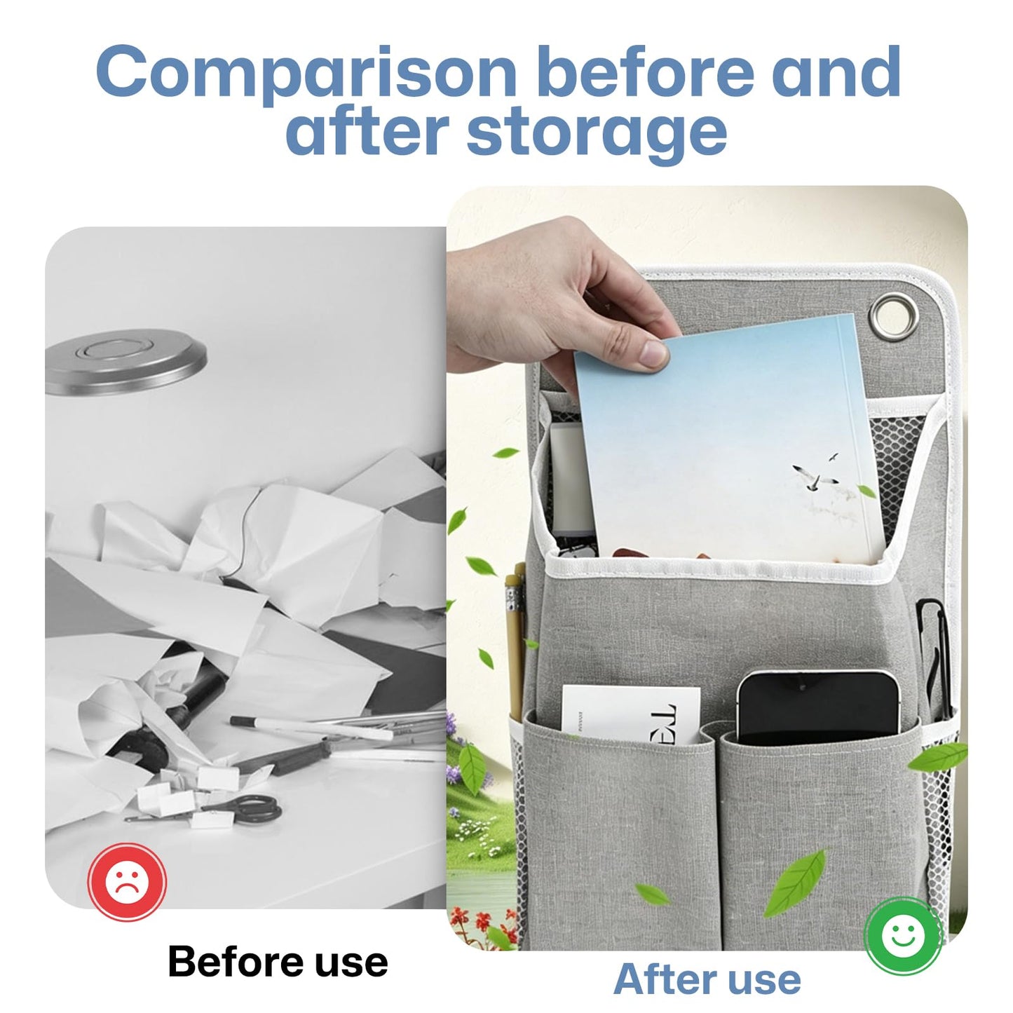 2PCS Wall Hanging Storage Bag, Grey Foldable Hanging Organiser 30x22x10cm