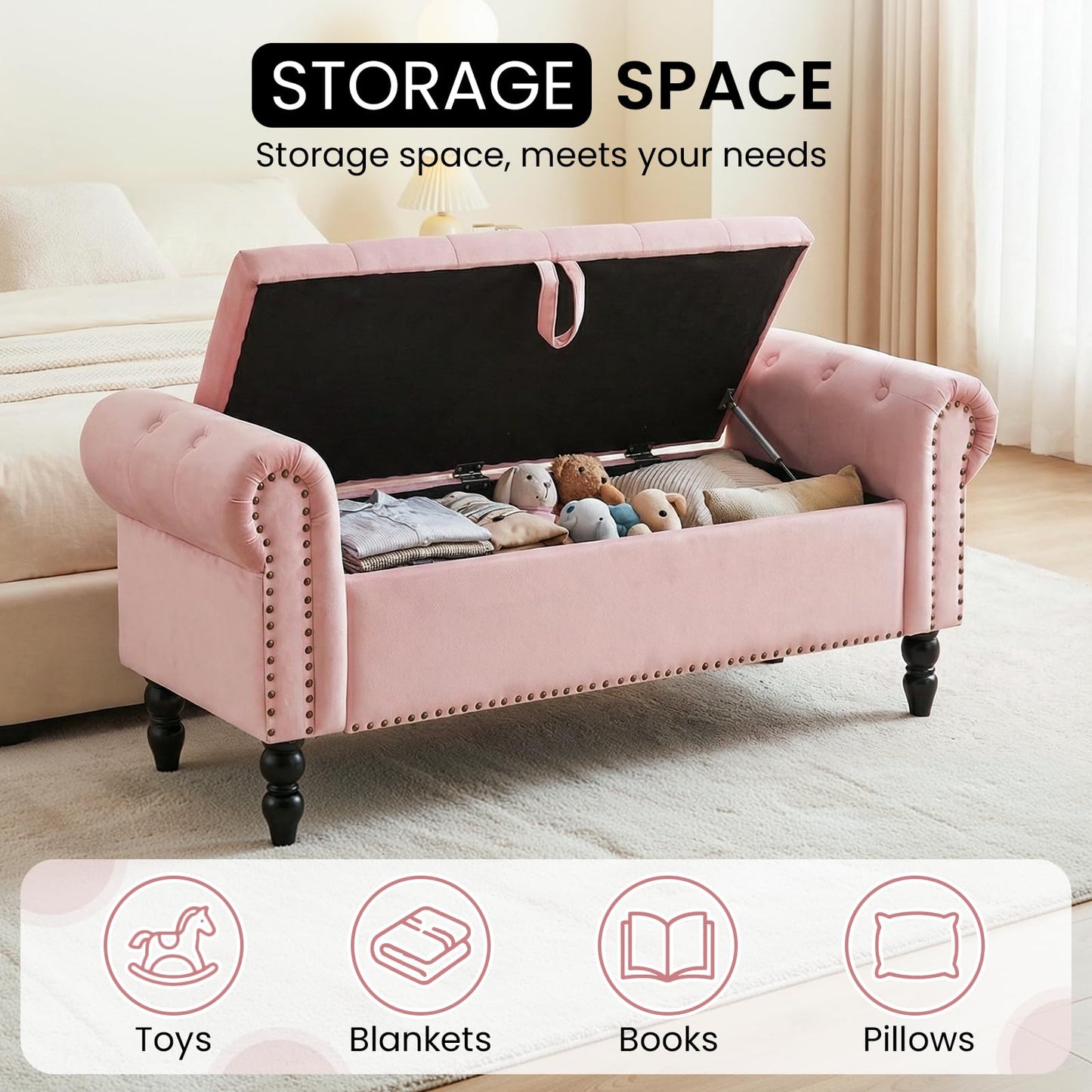 Clevich 133cm Velvet Storage Ottoman Bench, 168KG Load Capacity, Pink