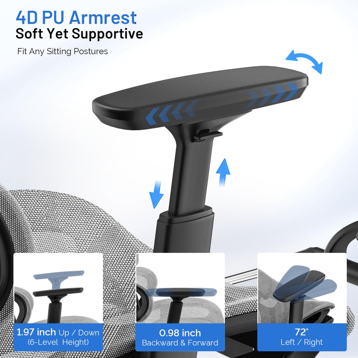 Ergonomic Office Chair, Mesh Desk Chair with Footrest, 90-135° Recline Home Chairs with Dynamic Lumber Support, 4D PU Armrest & Adjustable Headrest