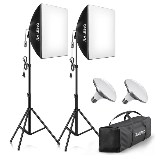 RALENO Softbox Lighting Kit, 2 x 50x50cm Photography Studio Lighting with 50W LED Bulbs, 5500K 97 CRI Continuous Lighting Kit Photo Equipment for