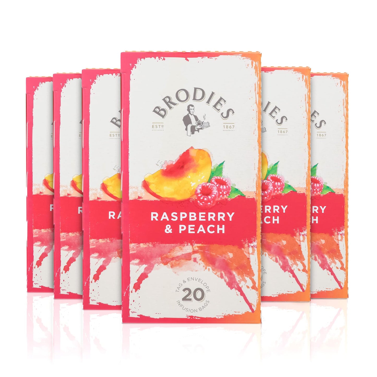 Brodies Raspberry & Peach Flavor Tag & Envelope - 6 Tea Boxes of 20 Tea Bags (120 Tea Bags in total) - Beautiful fusion of taste and colour. Caffeine