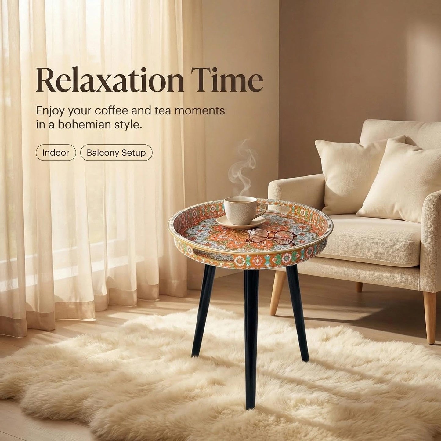 Simmer Stone Round Indoor Side Tables with Detachable Wooden 3 Legs, Versatile Tray Table, Perfect For Round Coffee Table Tea