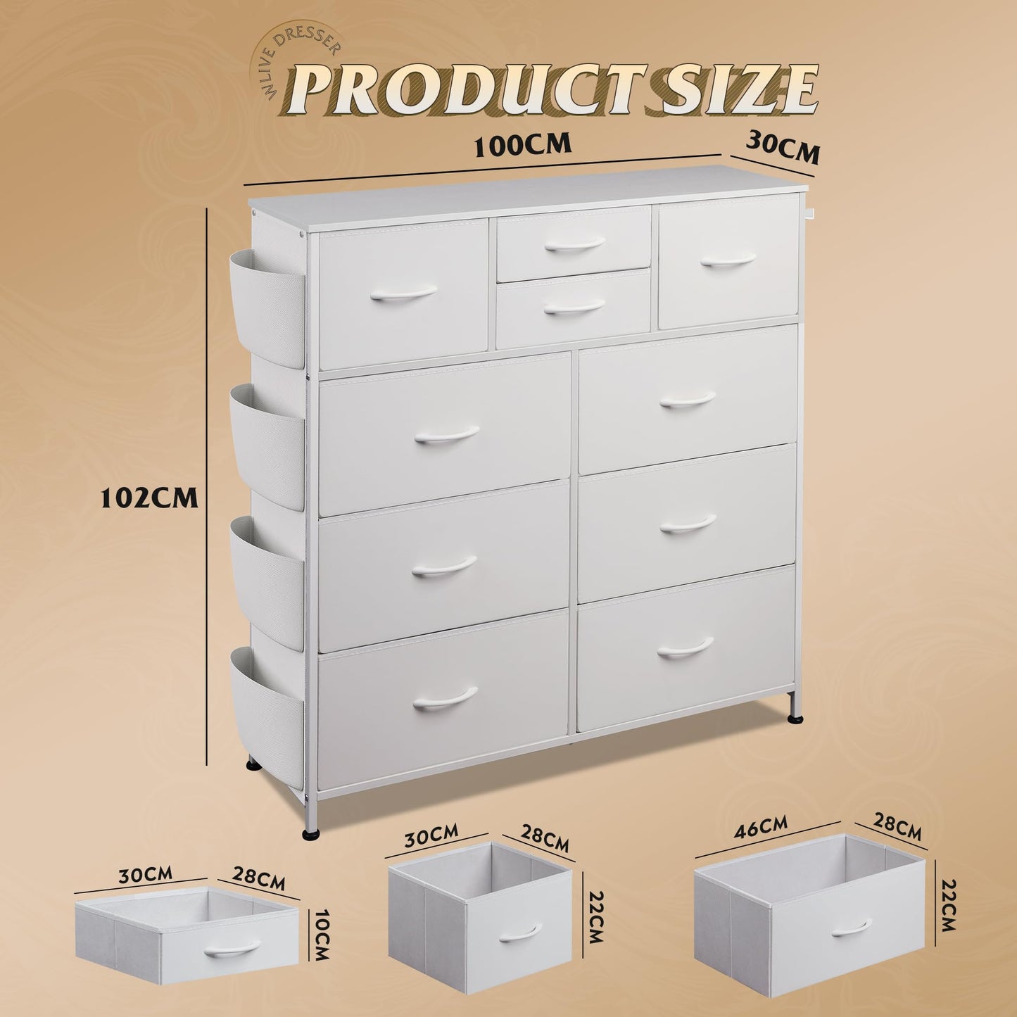WLIVE White Chest of Drawers with Side Pockets, 10 Fabric Drawers Bedroom