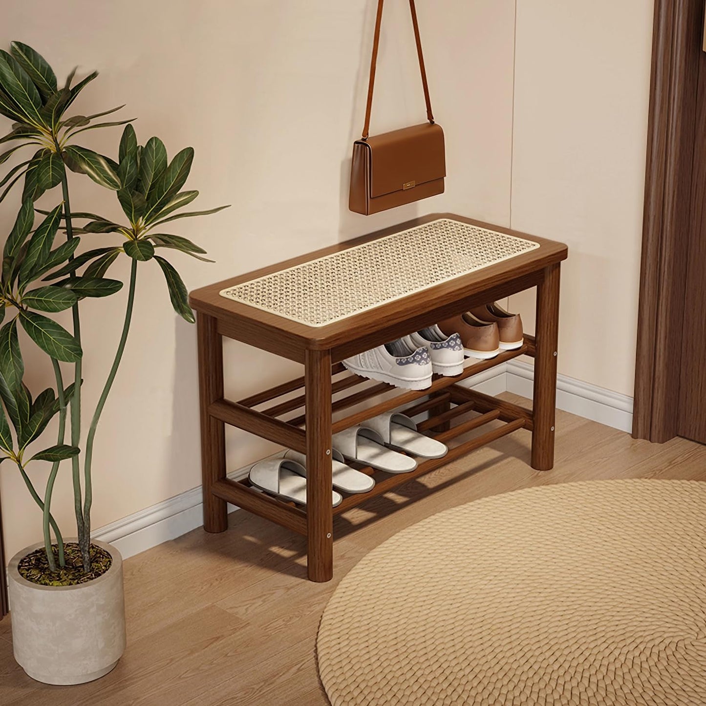 SOBIBO Bamboo Shoe Rack Bench with Rattan Seat, 3-Tier Shoe Storage Bench, Entryway Bench for Hallway Walnut-23.62 inches