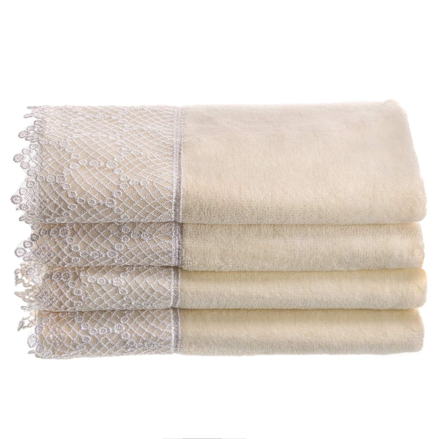 Creative Scents Extra-Absorbent Towels, 100% Cotton Velour Cream Towel, with Scallop Lace Trim - 4 Piece Towel Set, Fingertip Towel 11 by 18-Inch