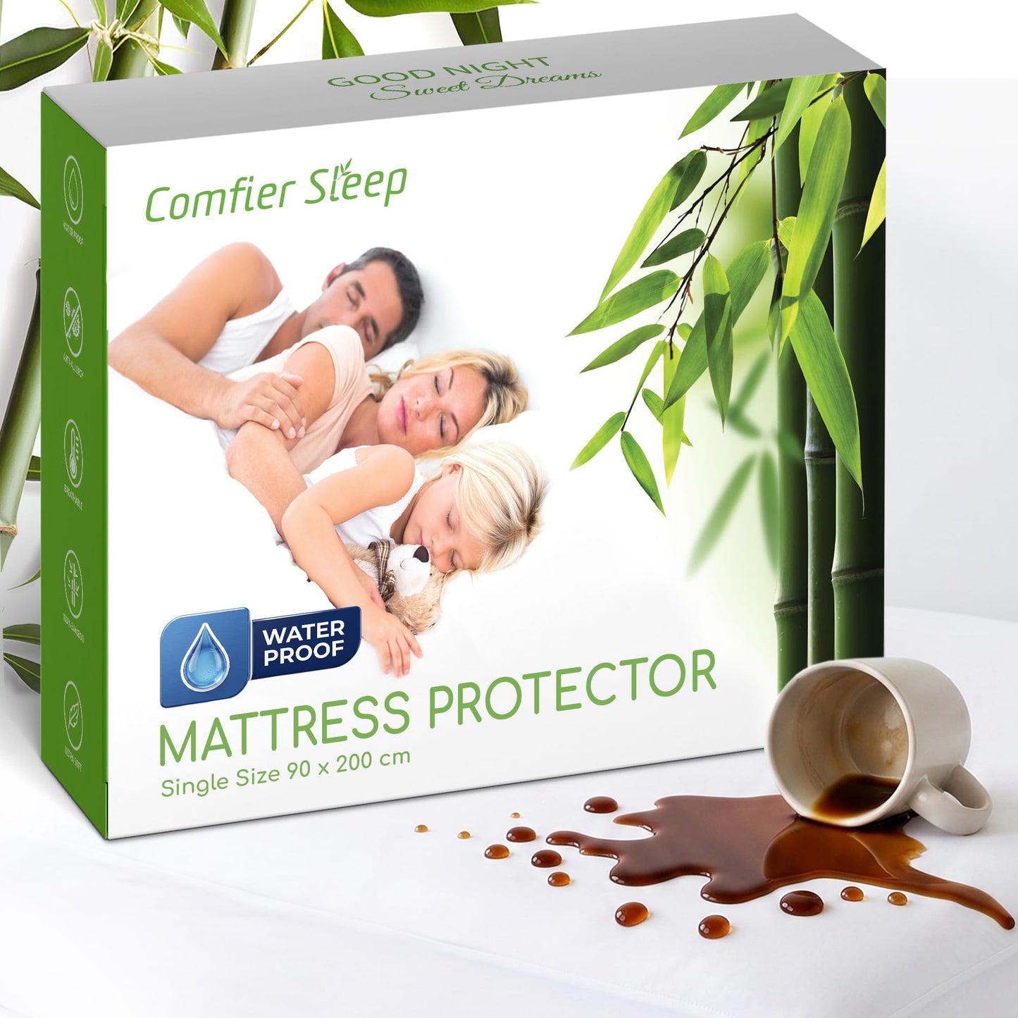 Single Bed Mattress Protector 90x200cm Waterproof 100% Bamboo