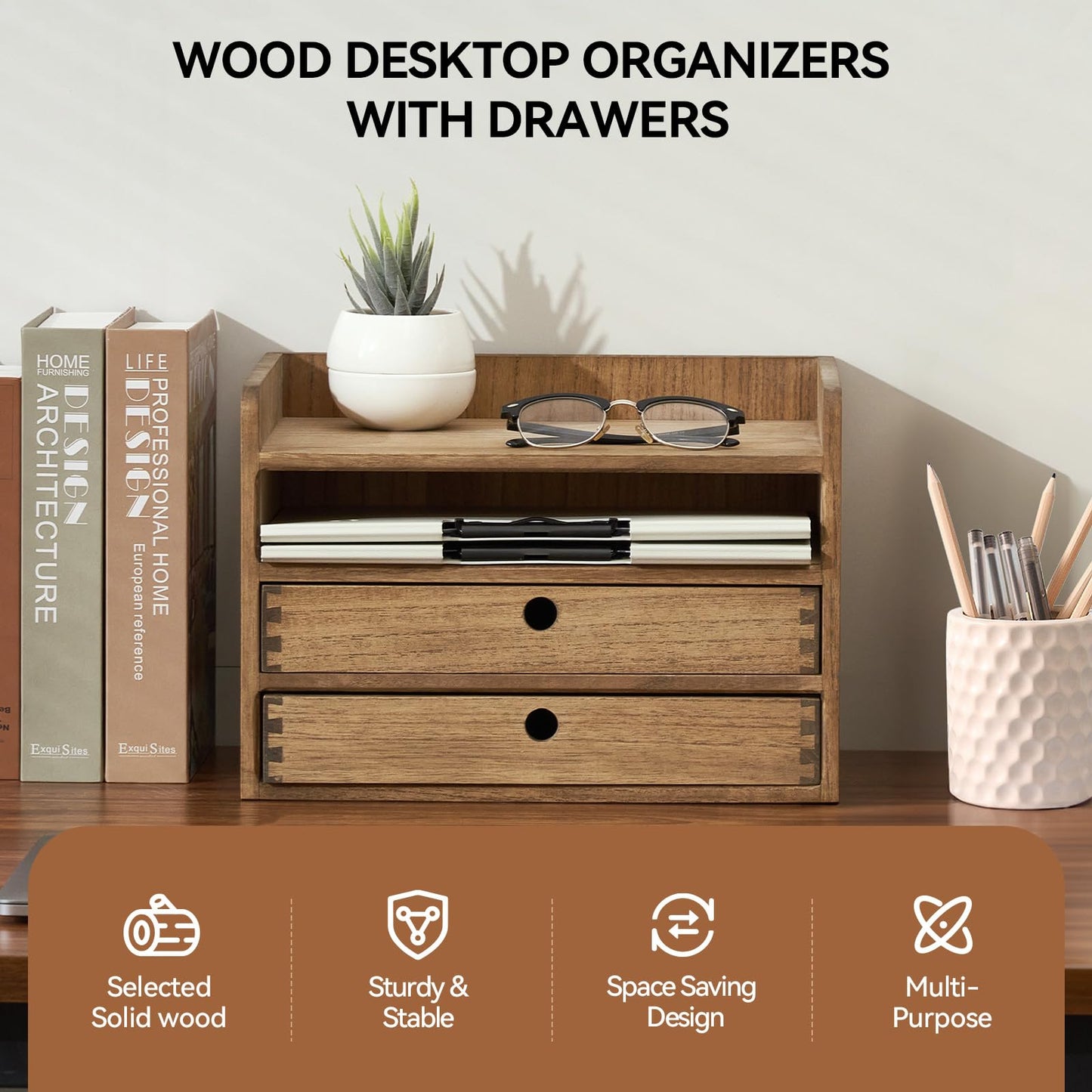 KIRIGEN Wooden Desk Organiser with 2 Drawers and Shelf,Brown