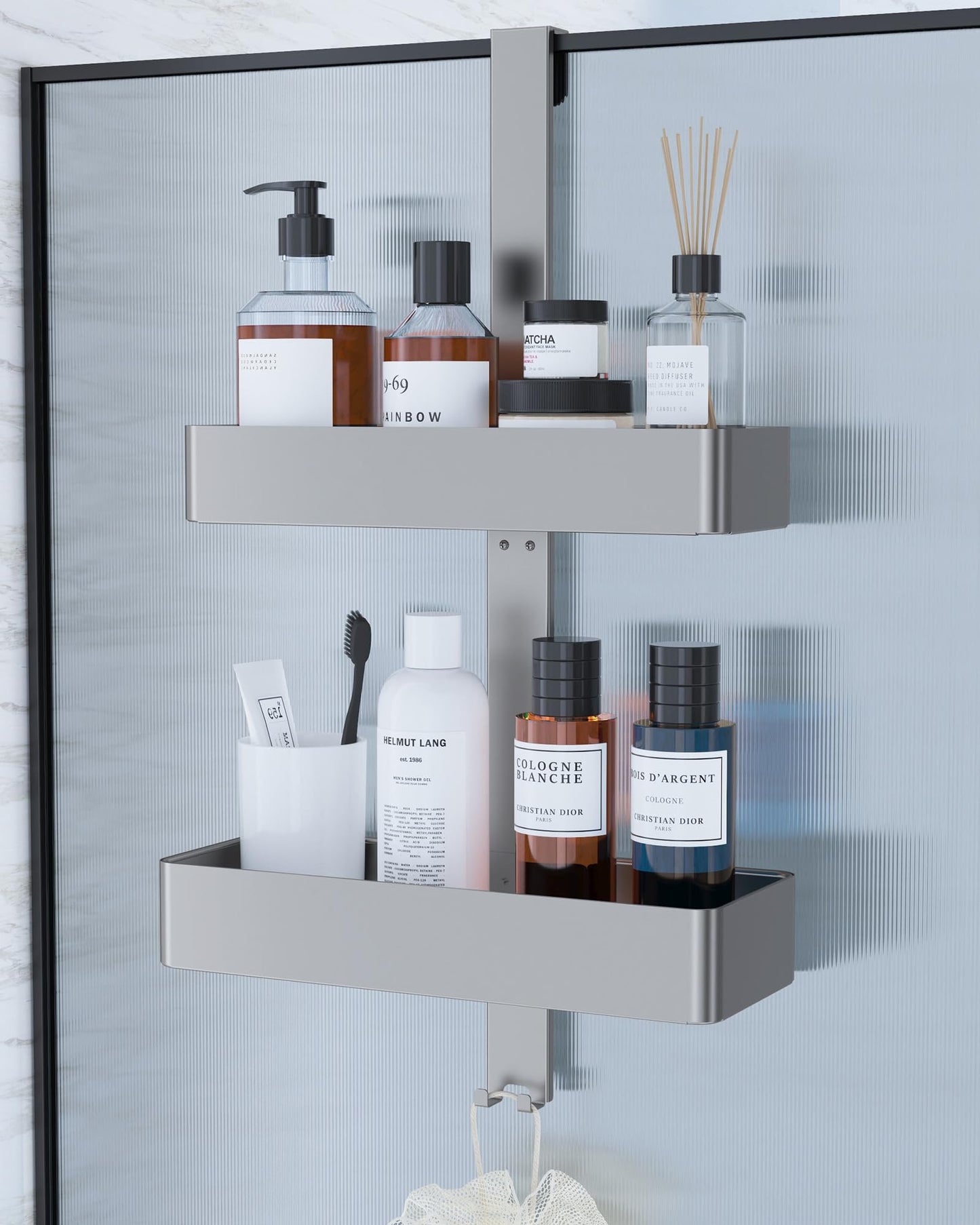 Kitsure Over Door Shower Caddy, 2-Tier Hanging Bathroom Shelf, Silver