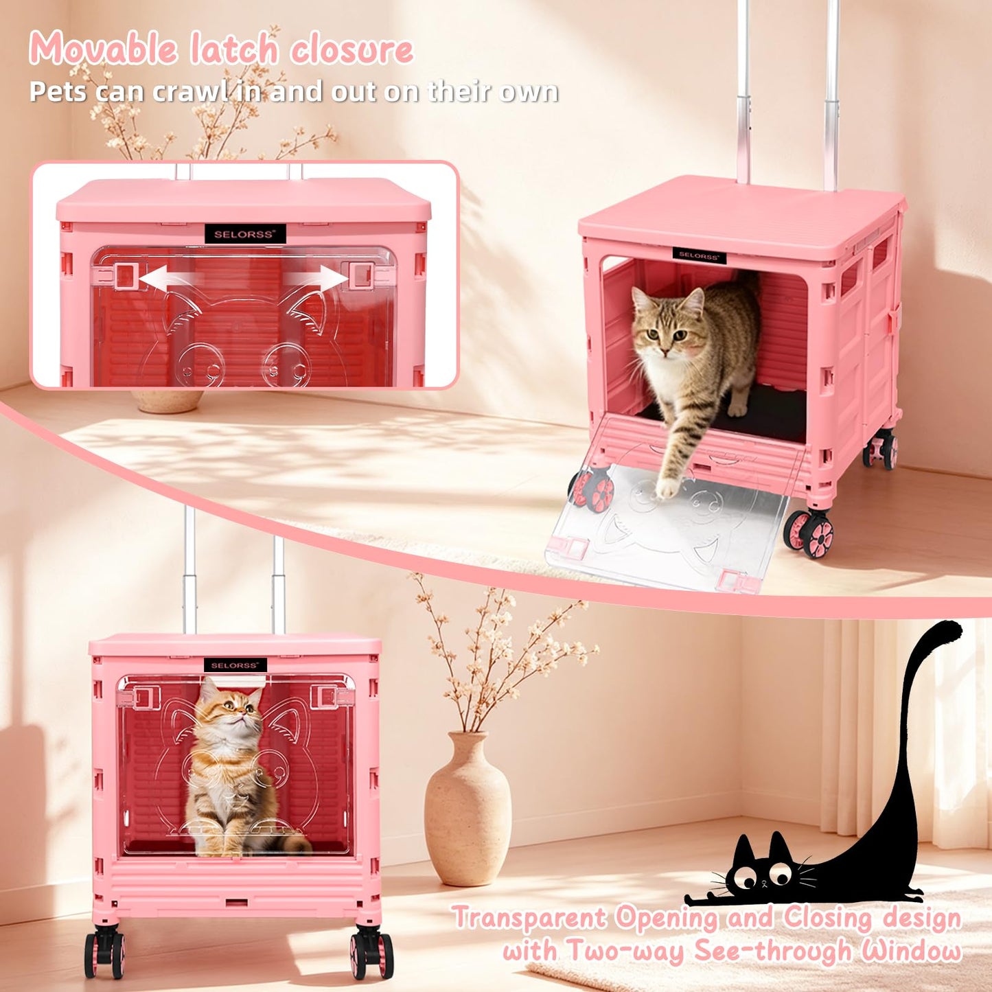 LexonElec x SELORSS BY16 Foldable Shopping Trolley on Wheels, Transparent Window Pet Stroller, Portable Wagons Carts