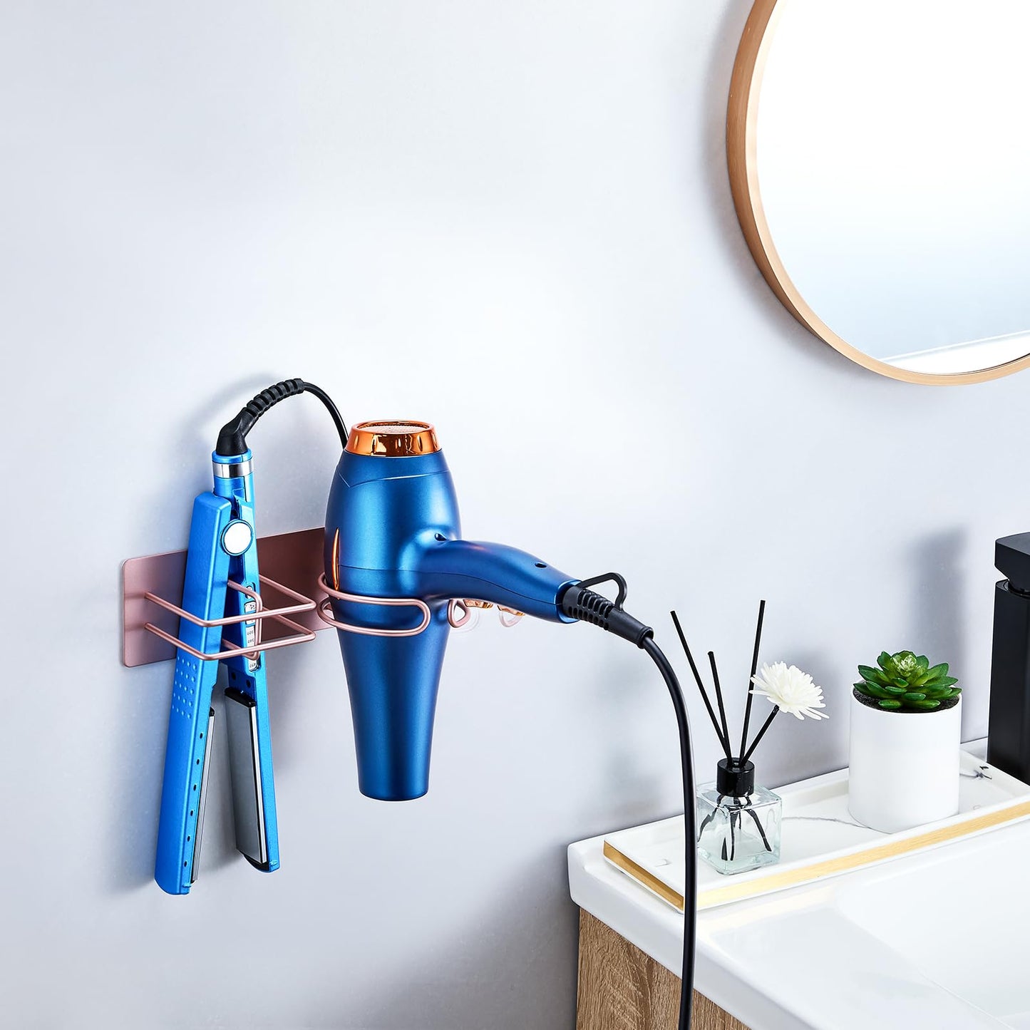XILIMEN Hair Dryer and Straightener Holder Wall Mounted, Self Adhesive Metal Blow Dryer and Flat Iron Curler Storage Organiser Stand for Dressing