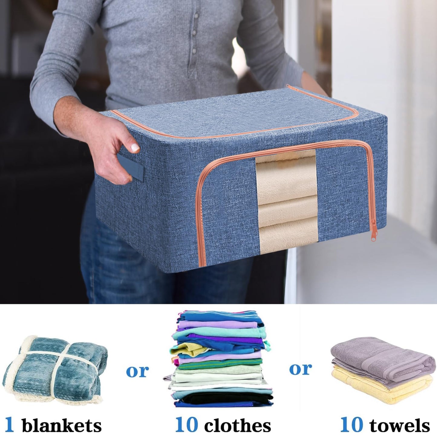 KXF Clothes Wardrobe Storage Organiser Boxes 3 Packs Waterproof Stackable Foldable Oxford Cloth Steel Frame Closet Clothing Storage Bag Clear Window