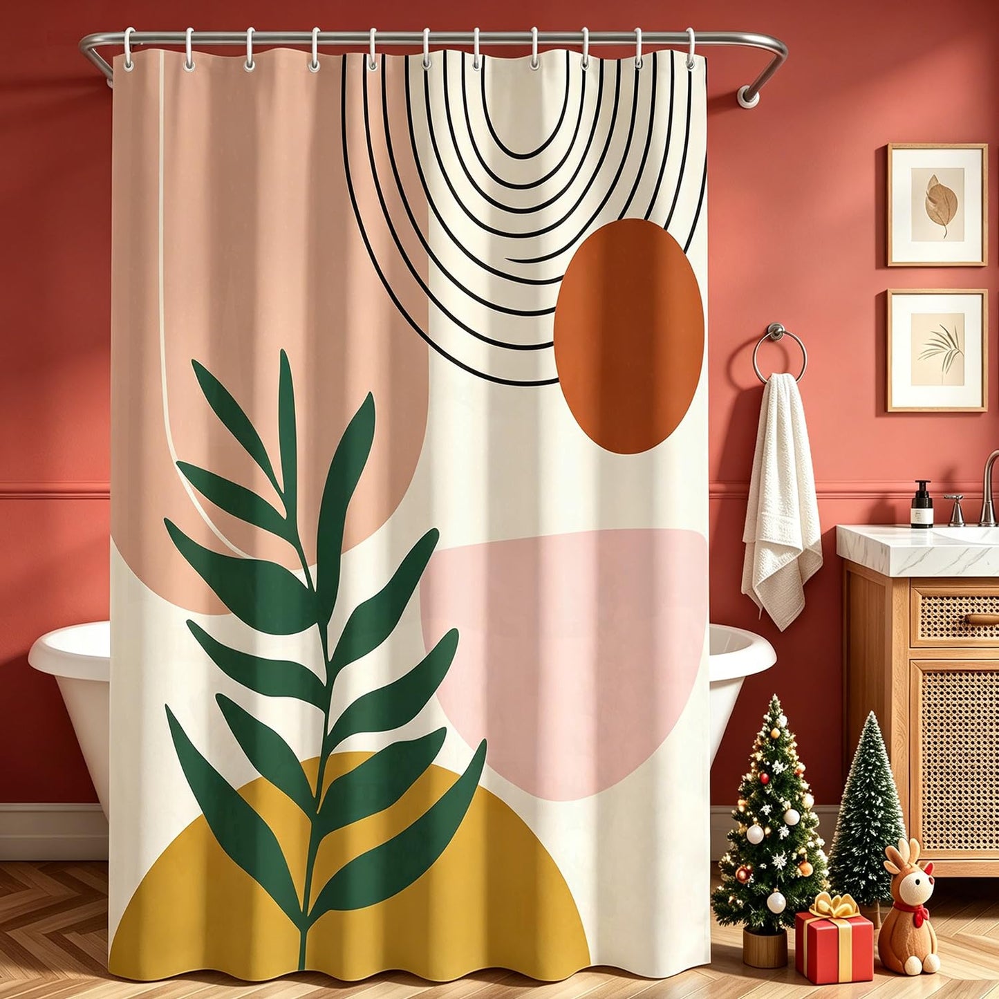 Lerores Shower Curtain, 170 x 180 cm, Leaf Print, Weighted Hem, Anti-Mould Textile, Water-Repellent