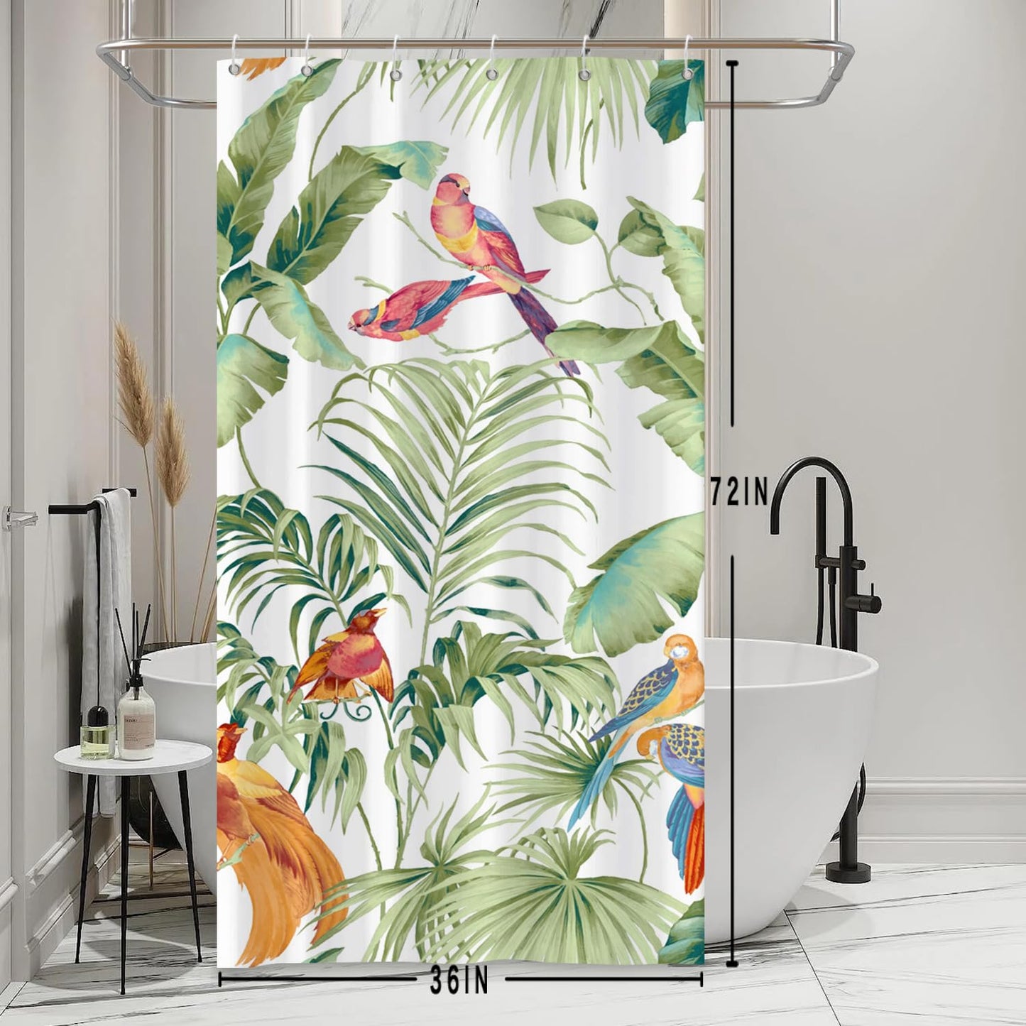 Bovlleetd Botanical Shower Curtain - Small Bathroom Stall, Tropical Plant, Banana Leaves, Spring Hummingbird - Polyester Fabric 92x183cm