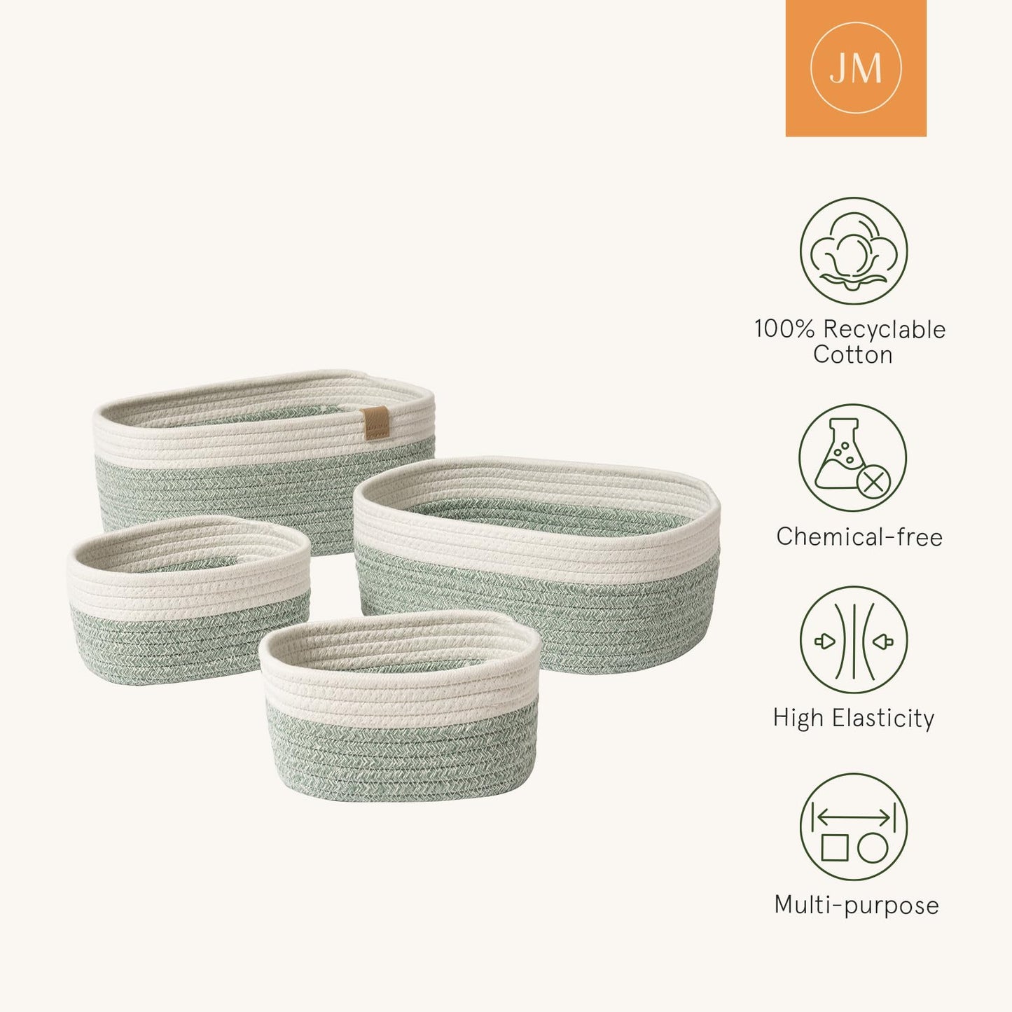 LA JOLIE MUSE Small Cotton Woven Storage Baskets, White & Green, 4 Pack