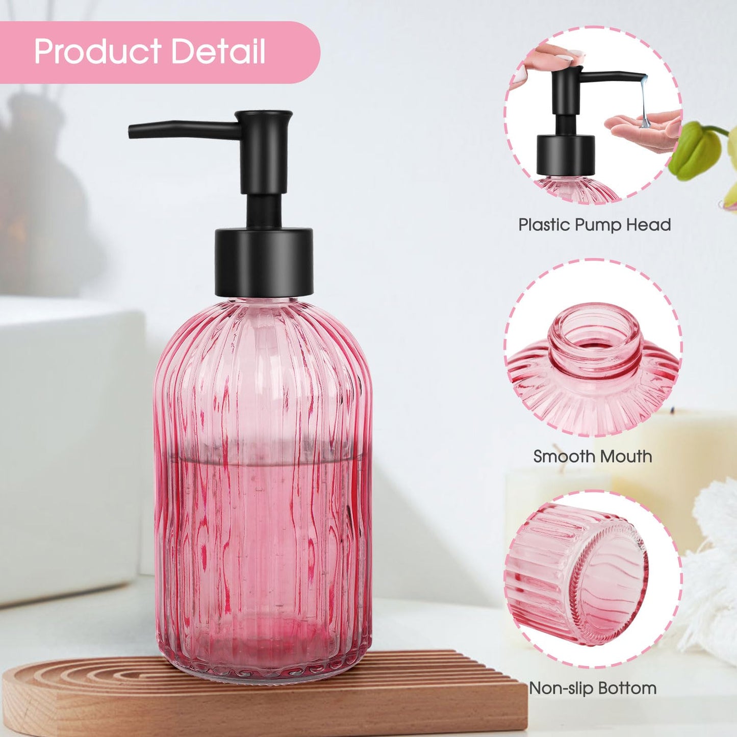 Topsky Glass Soap Dispenser with Black Rustproof Plastic Pump, 400ml Pink