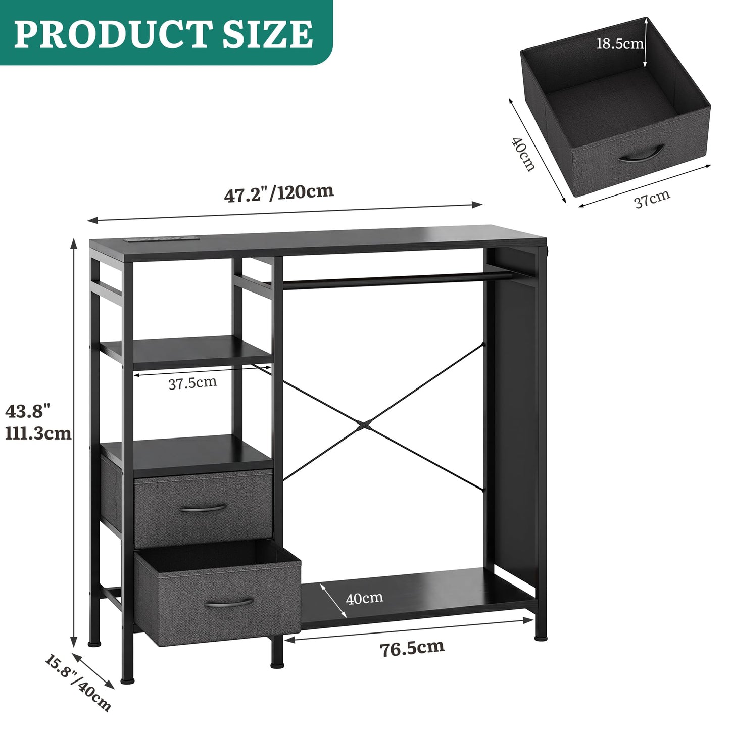 YITAHOME Wardrobe Chest of Drawers with Hanging Rail 120cm Black
