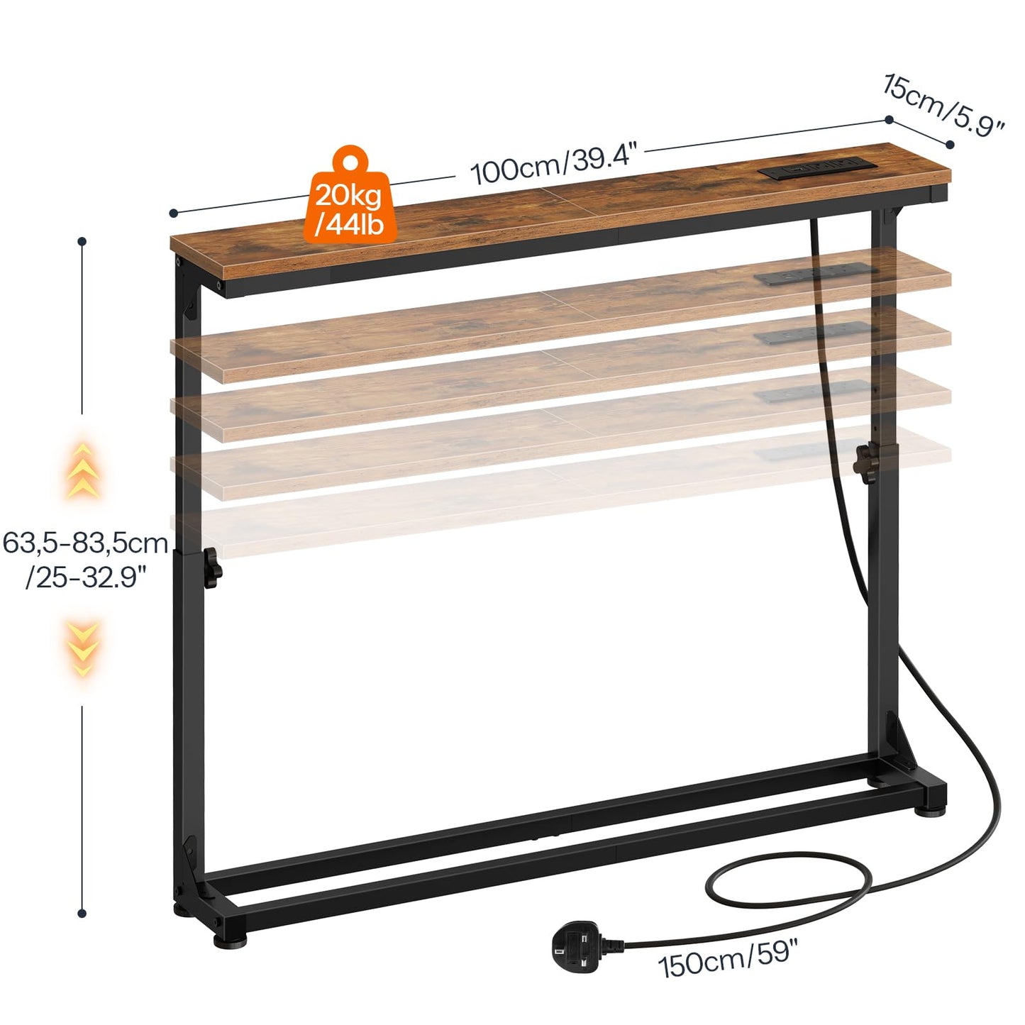 HOOBRO Slim Console Table with Adjustable Height (63.5-83.5 cm), Behind Sofe Table with Charging Station, 100 cm Narrow Console Table for Hallway