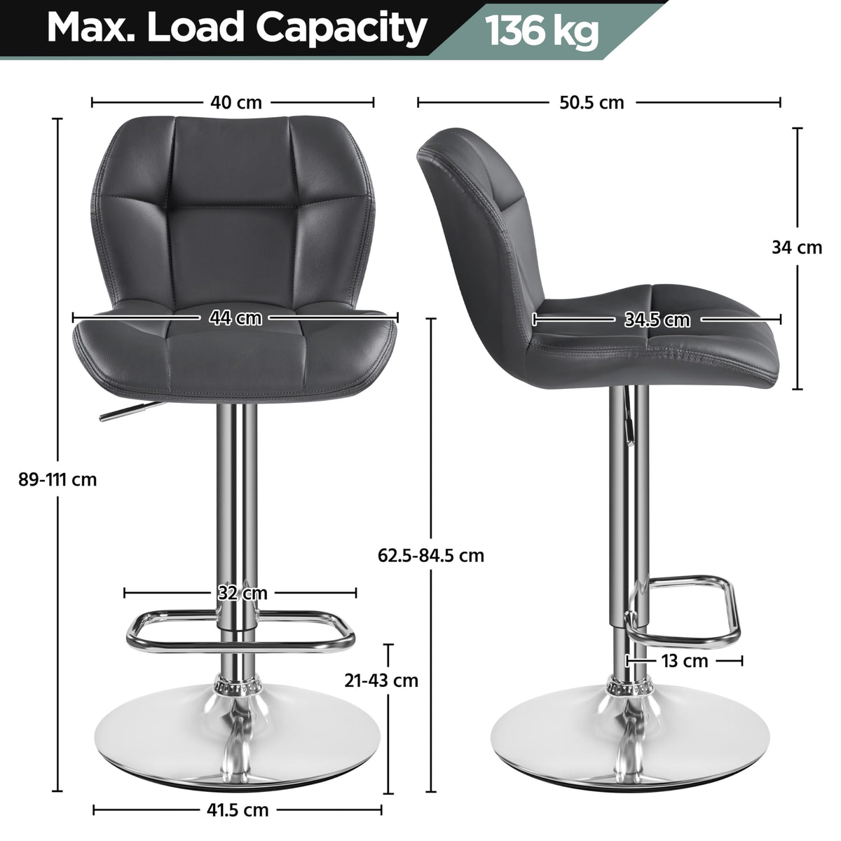 Yaheetech Set of 2 Adjustable Swivel Bar Stools w/Backrest, Grey