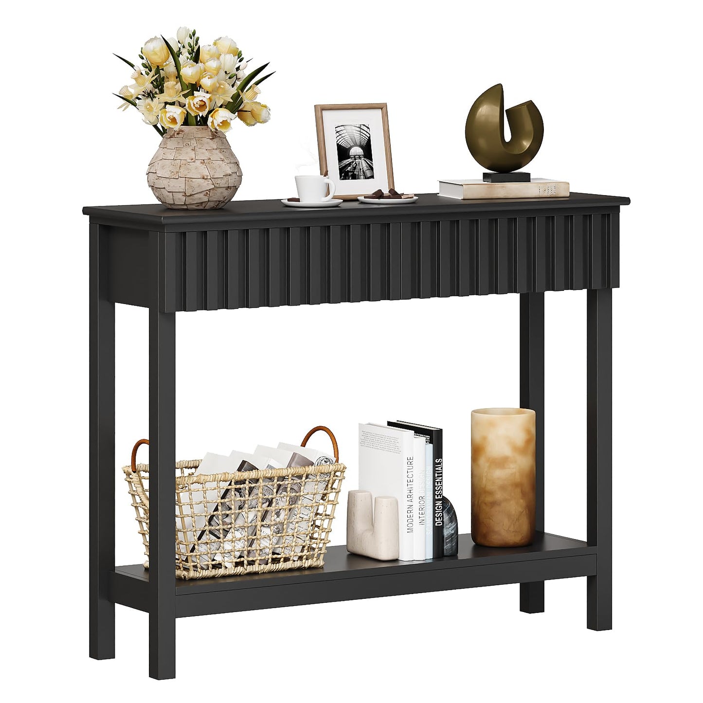 Trironsun Narrow Fluted Console Table with 2 Drawers and Open Shelf Modern Painted Wood Sofa Table for Hallway, Living Room or Behind Couch (Black)