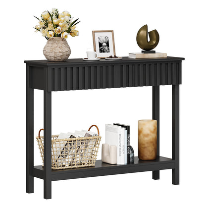 Trironsun Narrow Fluted Console Table with 2 Drawers and Open Shelf Modern Painted Wood Sofa Table for Hallway, Living Room or Behind Couch Black