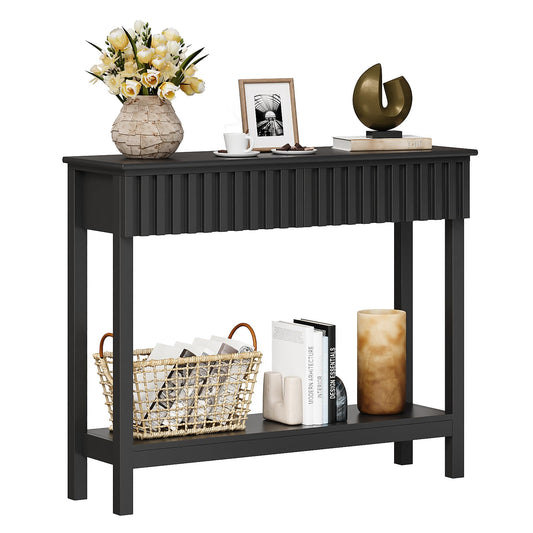 Trironsun Narrow Fluted Console Table with 2 Drawers and Open Shelf Modern Painted Wood Sofa Table for Hallway, Living Room or Behind Couch Black