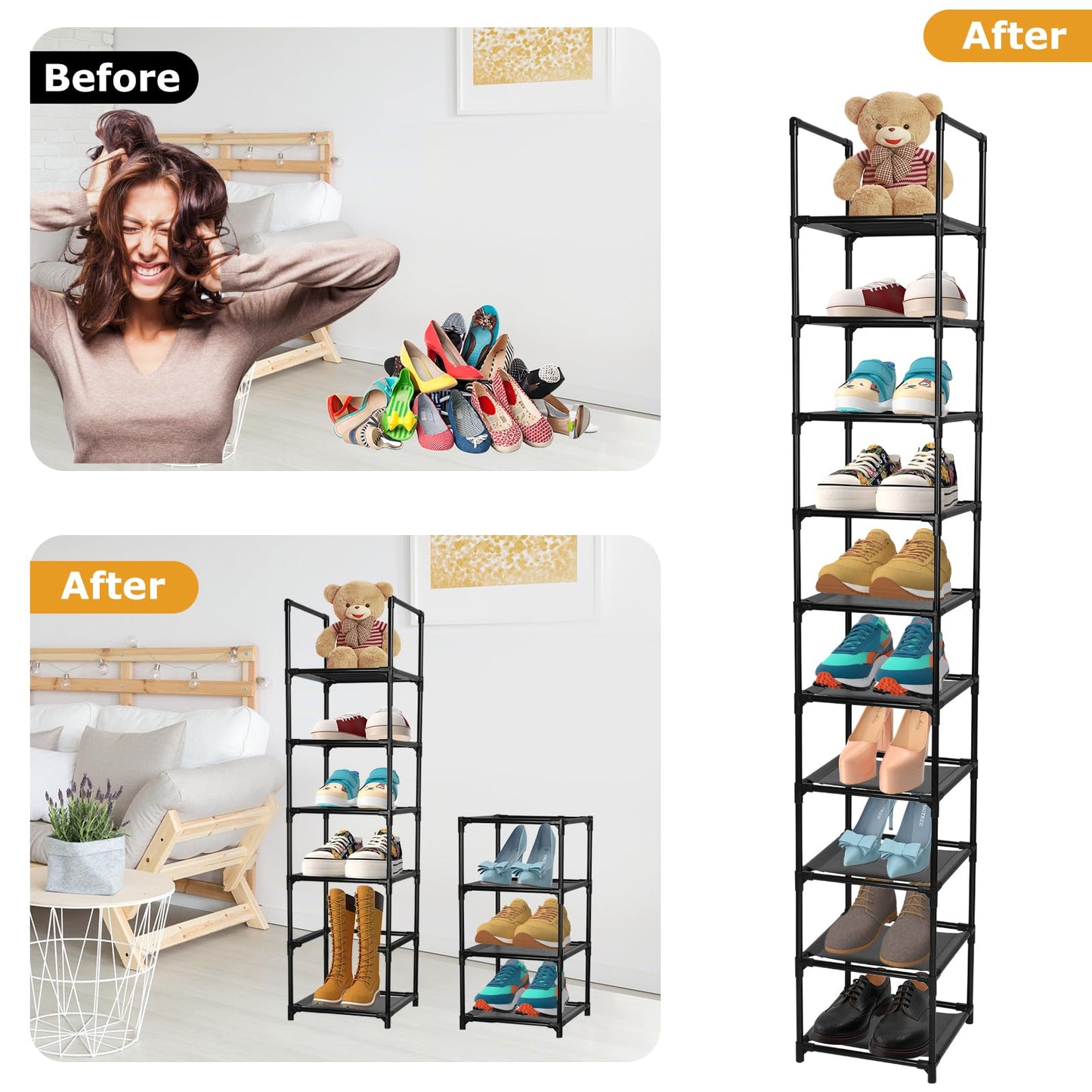 Dyserbuy 10 Tier Shoe Rack, Tall Shoe Storage Organizer, Narrow Shoe Stand Shelf, Home Space Saving Shoe Tower with Non-Woven Fabric for Living Room