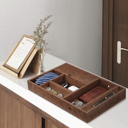SITHON Valet Tray Desktop Organizer, 8 Compartments Catchall, Brown
