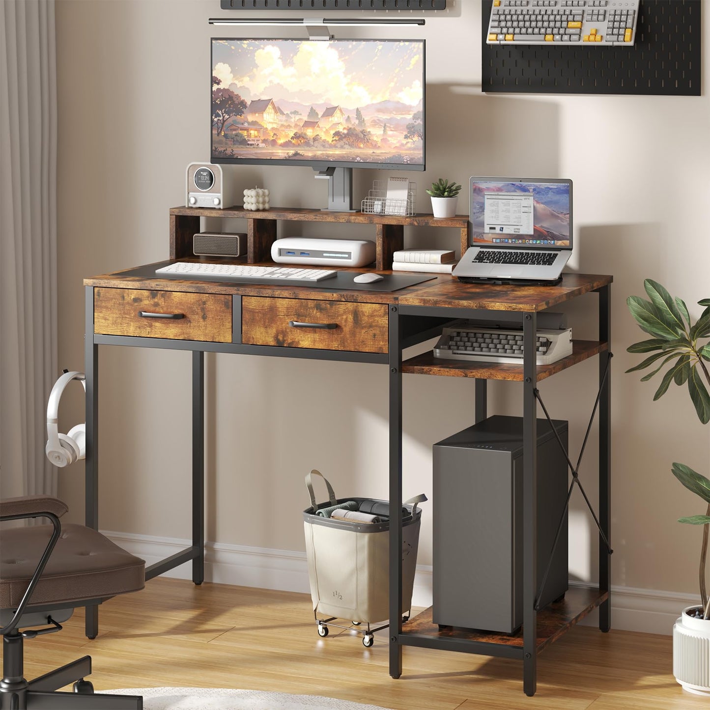 Feonase Ergonomic Computer Desk with Monitor Riser, 2 Under-Desk Drawers, CPU Stand & Hook – MDF Desktop for Home Office