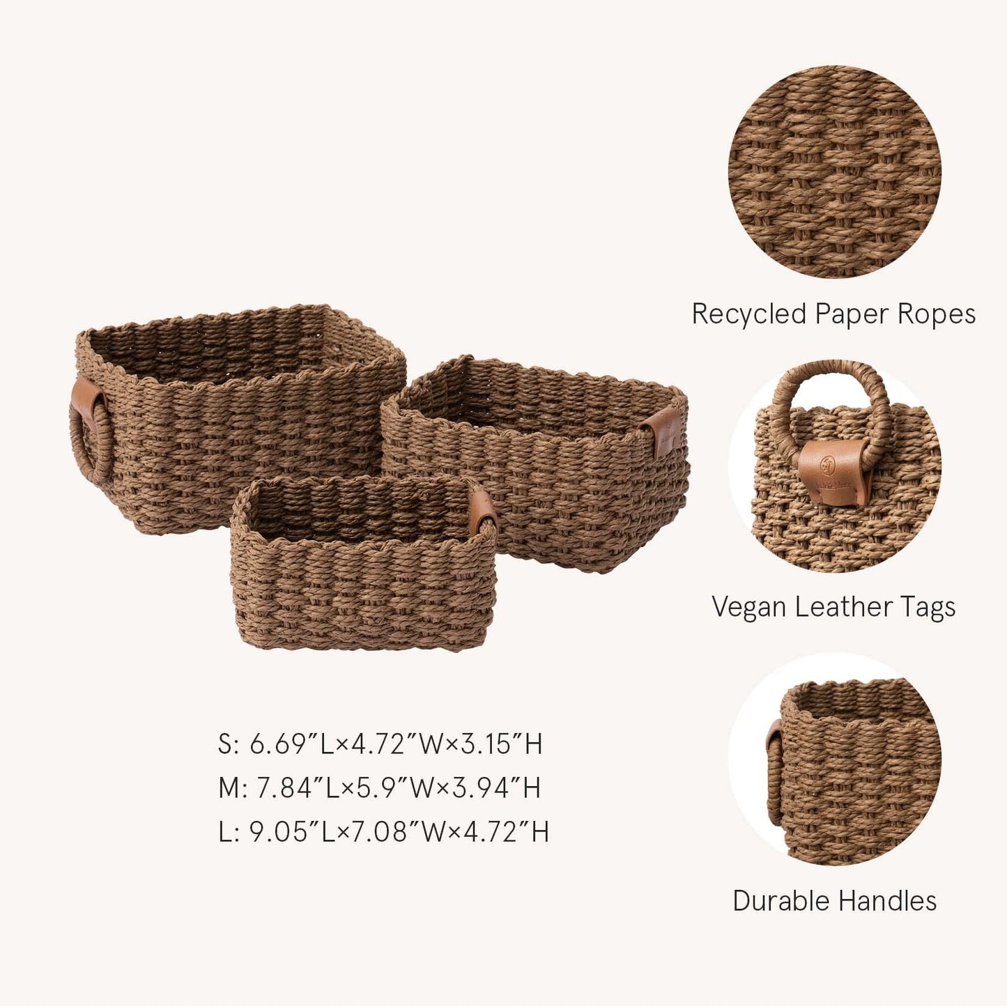 La Jolíe Muse Woven Storage Baskets, Recycled Paper Rope Bin Organizer Divider for Cupboards Drawer Closet Shelf Dresser, Set of 3 (Chocolate)