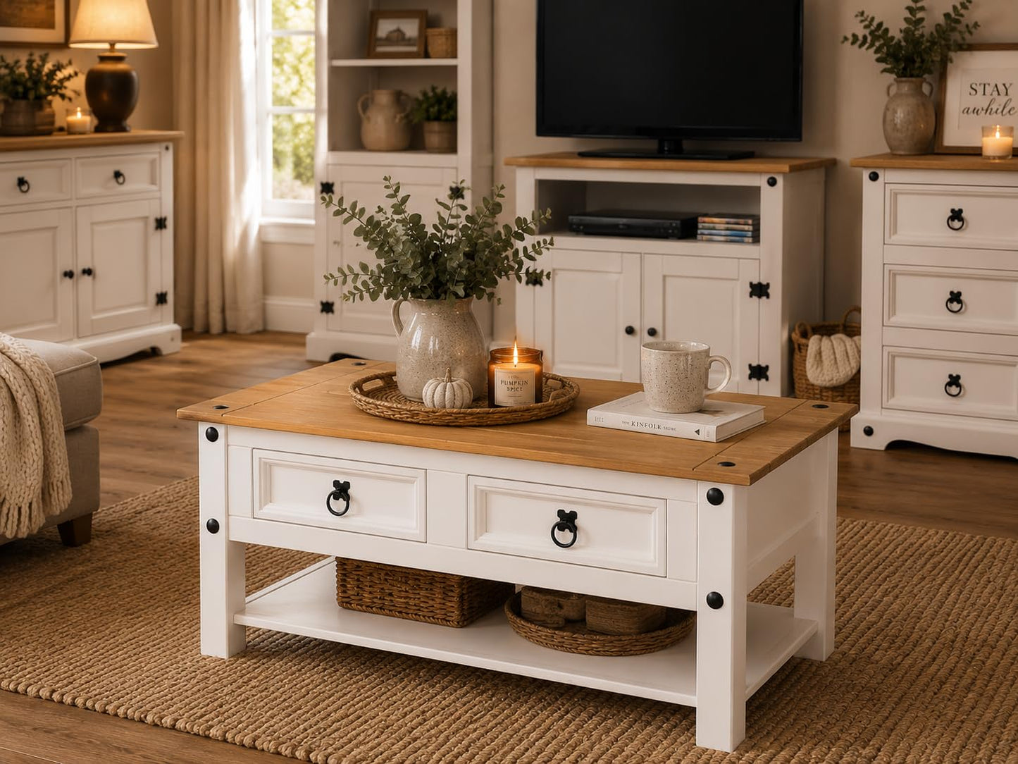 Corona White 2 Drawer Coffee Table Occasional Mexican Solid Pine Wood