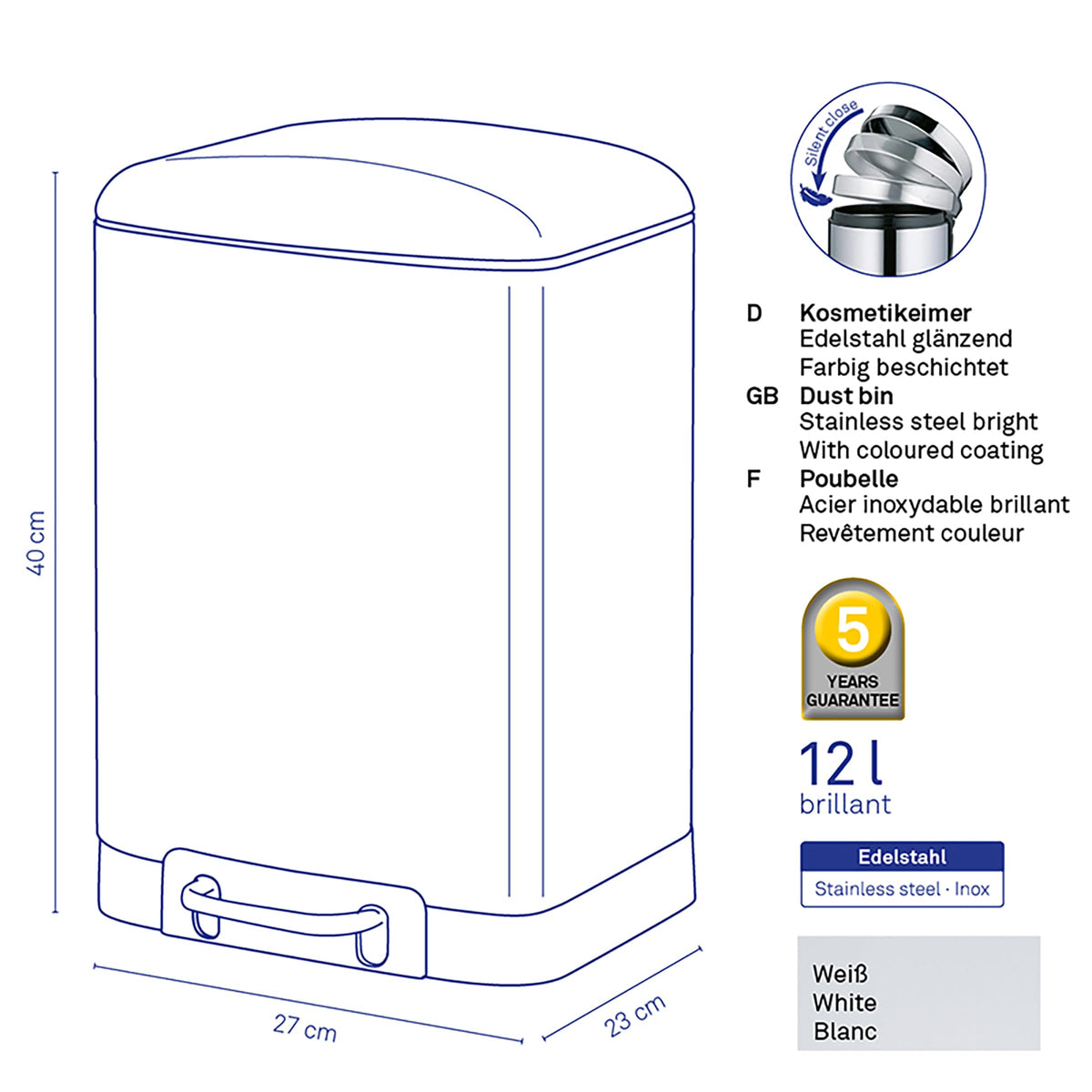 Kela "Davino Cosmetic Bin, Stainless-Steel, White, 30 x 15 x 10 cm