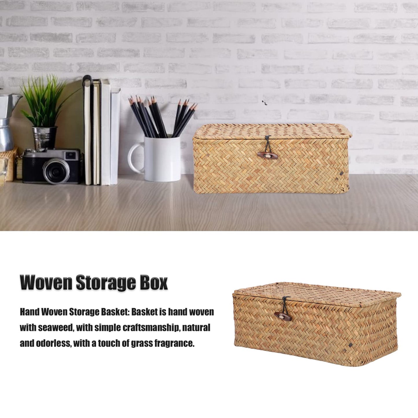 Wicker Storage Bins with Lid, Multipurpose Dustproof Seagrass Basket Rectangular Household Organizer Box Shelf Wardrobe Organizer (M)