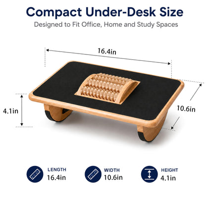 Foldable Under Desk Foot Rest, Wooden Rocking Footrest with 4 Massage Rollers, Natural Rubber Wood Ergonomic Foot Stool with Silicone Anti-Slip