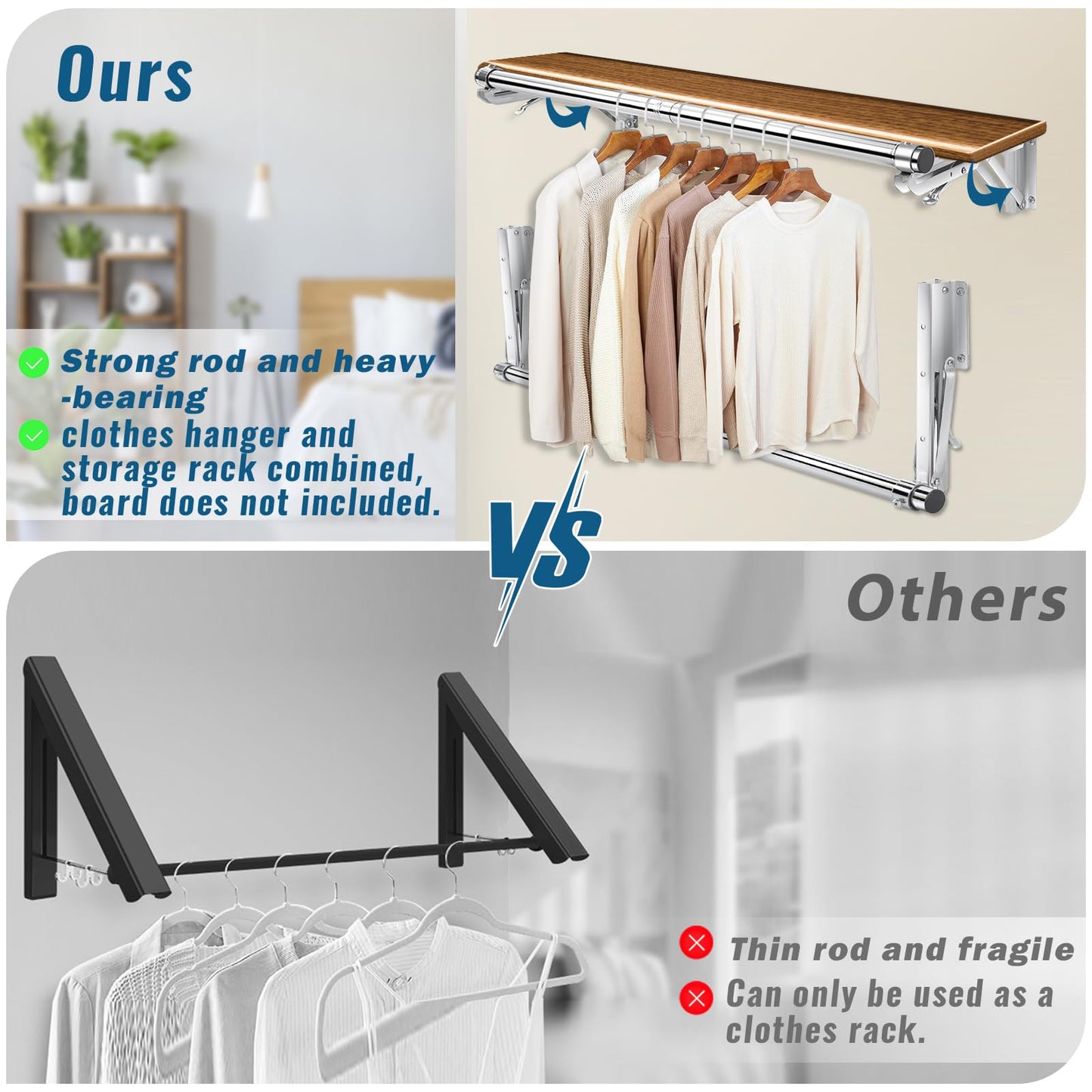 Foldable Wall Mounted Clothes Rack-44'' Long Rod&2 Bases,Stainless Steel, Heavy Duty,Detachable,Multi-Purpose for Space-Saving Garment Rack/Clothes