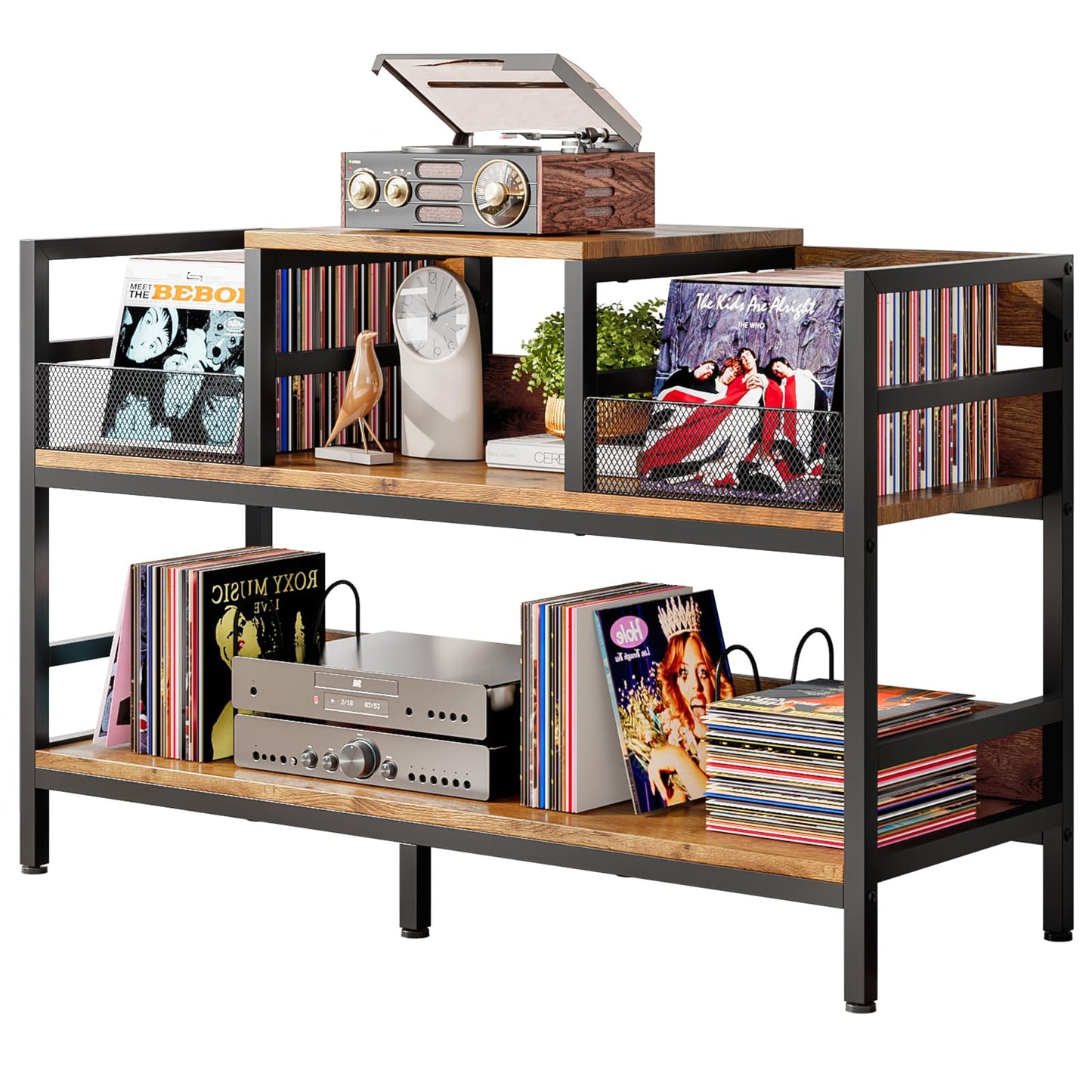 Forthcan Record Player Stand, Vinyl Record Storage with 4 Dividers, Brown