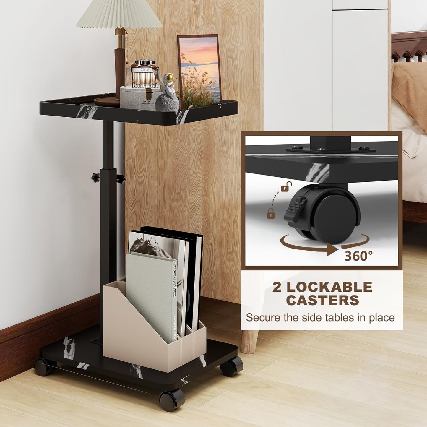 Kiss Me C Shaped Side Table, Height Adjustable, 360° Swivel With Wheels