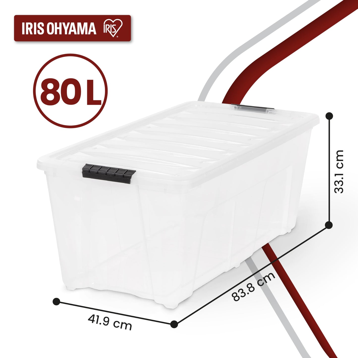 Iris Ohyama, Large Plastic Storage Boxes with Lids, 80L, Set of 4, Clear, Latching Buckles with Handles, Stackable, Nesting, Strong & Durable