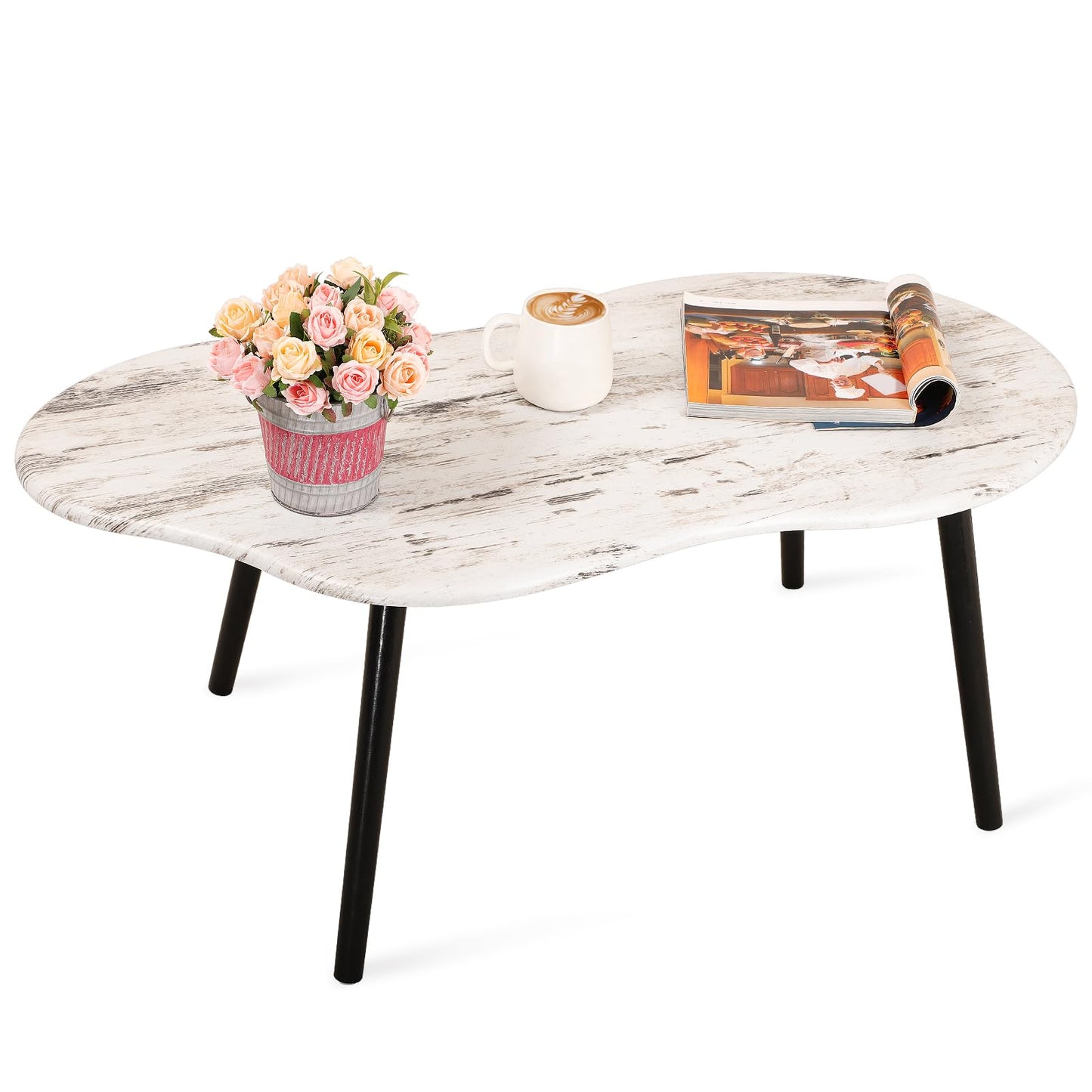 FEUFOAM Farmhouse Coffee Tables Cloud Shape Mid-Century Sofa Table Unique White Wood Grain Tabletop Floor Table Rustic Decorative Sofa Center Table