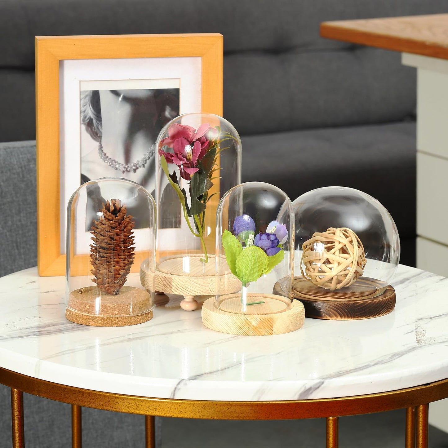 sourcing map Round Cloche Glass Dome, 5.9" x 4.7" Decorative Glass Display Bell Jar Dome Cloche with Brown Base for DIY Flower Craft