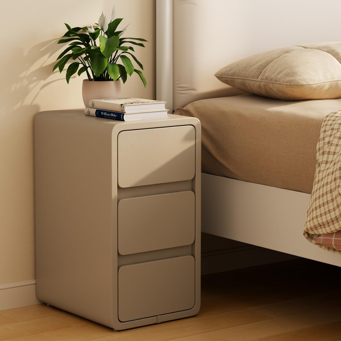 AQIMUELE Small Bedside Table, Slim Bedside Table with 3 Drawers, Assembled Narrow Side End Table with Leather Surface for Bedroom, 30cm (Khaki)