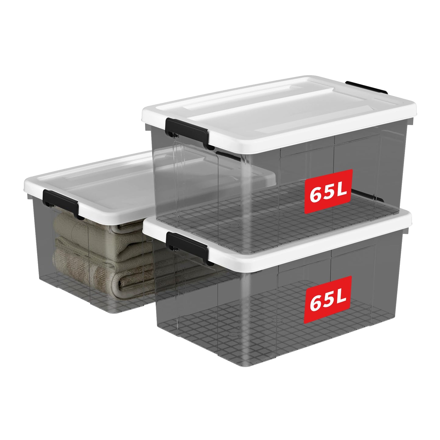 Cetomo 65L*3 Storage Boxes, Plastic Storage Box with Lids, Organizing Container with Secure Latching Buckles, Stackable, Nestable