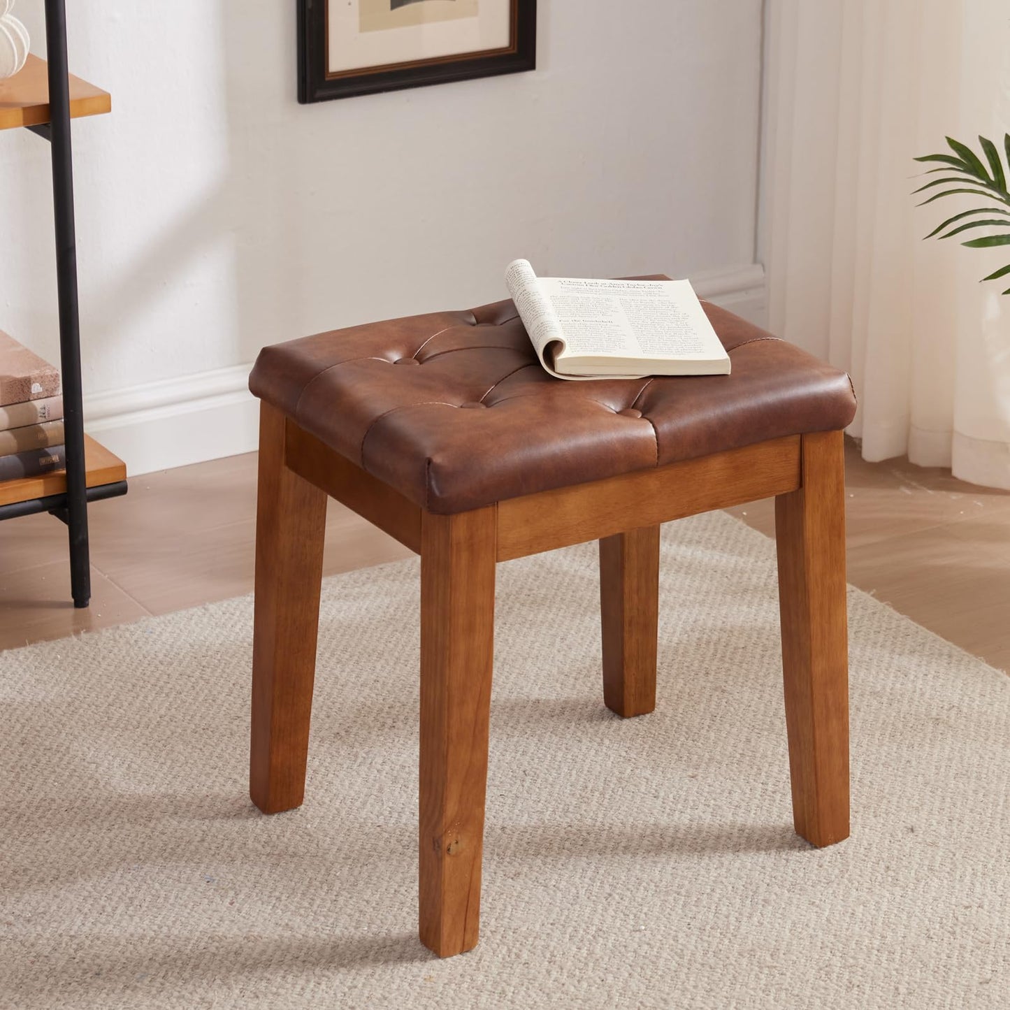 MILCIL Upholstered Ottoman Stool with Padded Seat, Tufted Vanity Stool with Solid Wood Legs, Accent Stool, Faux Leather Retro Brown