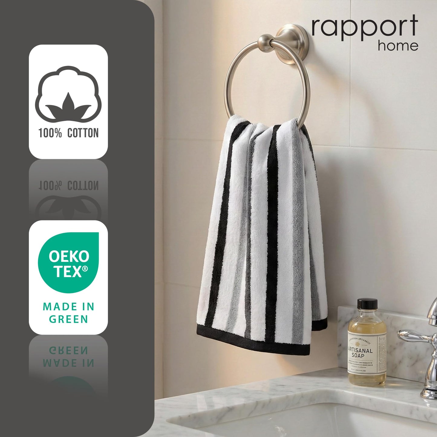 Rapport Home Amalfi Hand Towels 2 Pack | Black | 50x85cm | Luxurious 500GSM 100% Cotton | Oeko-Tex Certified Absorbent & Soft Bathroom Towel Set