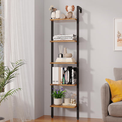 YMYNY Bookshelf Wall Mounted, Ladder Shelf, 5-Tier Bookcase Rack, Storage Unit with Metal Frame, Industrial Floating Wall Shelf for Living Room,