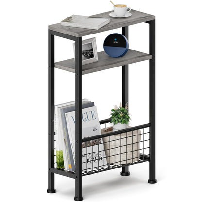 Yuede Narrow Side Table with Magazine Rack, 3-tier Slim Bedside Table, Small End Table for Living Room, Bedroom, MDF & Metal Frame Gray